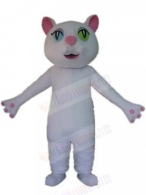 White Cat Mascot Costume with Heterochromatic Pupils Animal