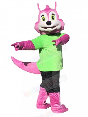 Pink Squirrel Mascot Costume in Green Shirt Animal