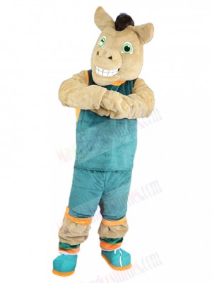 Grinning Khaki Horse Mascot Costume in Jersey Animal