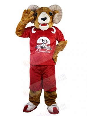 Brown Sport Argali Mascot Costume in Red Jersey Animal