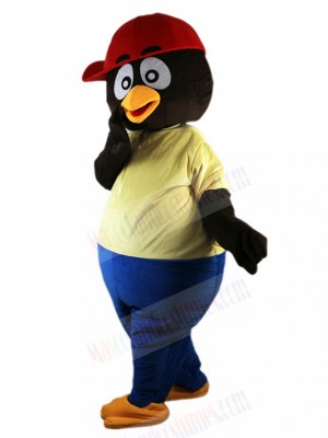 Cool Black Penguin Mascot Costume with Red Cap Animal