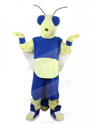 Confident Blue and Yellow Bee Mascot Costume Insect