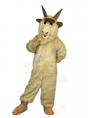 Confident Beige Goat Mascot Costume with Long Fur Animal