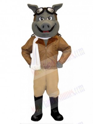 Gray Aviator Pig Mascot Costume Animal