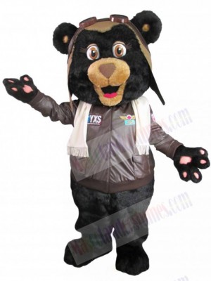 Black Pilot Bear in Brown Jacket Mascot Costume Animal