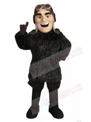 Pilot in Black Warm Fur Coat Mascot Costume People