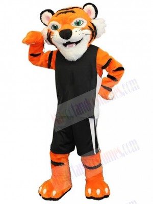 Friendly Tiger Mascot Costume Animal with Green Eyes