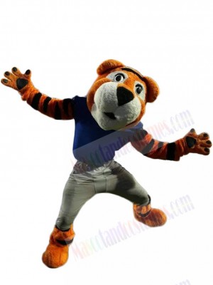 Funny Tiger Mascot Costume Animal in Blue Shirt