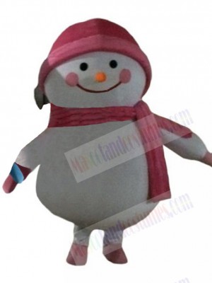 Snowman Mascot Costume Cartoon with Pink Hat and Scarf