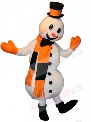 Snowman Mascot Costume Cartoon with Orange and Black Scarf