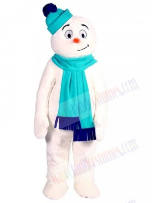 Snowman Mascot Costume Cartoon with Light Blue Hat and Scarf