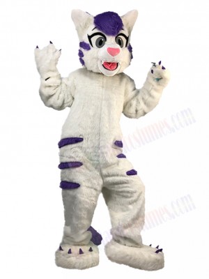 White Tabby Cat Mascot Costume with Purple Fur Animal