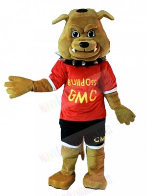 Khaki Bulldog Mascot Costume with Cultural Shirt Animal