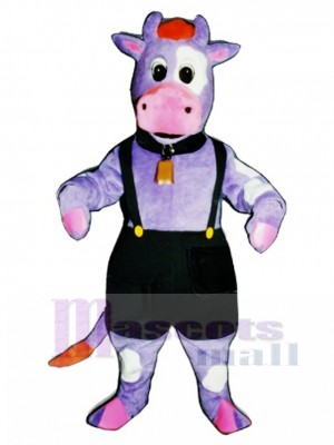 Cute Purple Cow with Overalls and Bell Mascot Costume