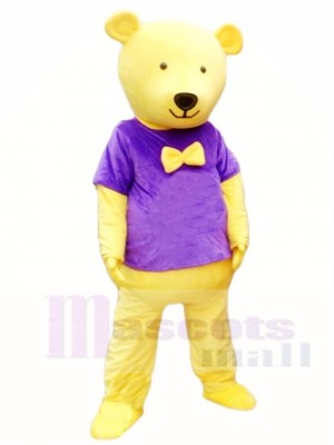 Yellow Teddy Bear in Purple Shirt Mascot Costumes Animal