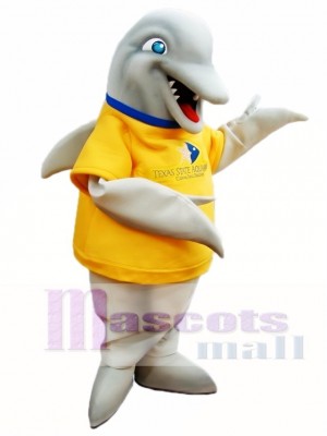 Grey Dolphin with Yellow Shirt Mascot Costumes