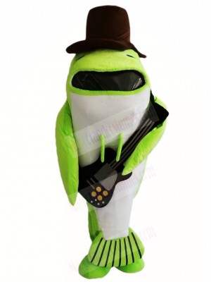 Green Whale Fish with Black Hat and Guitar Mascot Costumes Sea Ocean