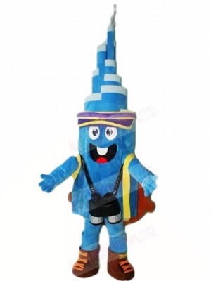 Blue Tower with Hat and Backpack Mascot Costumes  