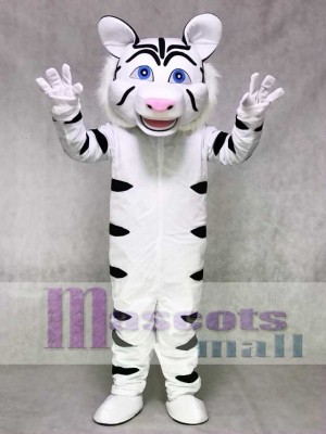White Tiger Mascot Costume with Black Stripes Animal