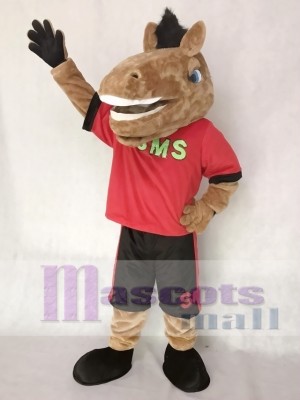New Sport Team Broncho Horse in Red Shirt with Black Shorts Mascot Costume Animal