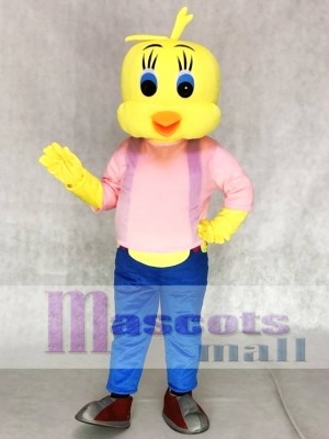 Tweety Looney Tunes Yellow Bird Mascot Costumes with Blue Overalls and Pink Shirt