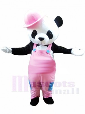 Cute Panda with Pink Overalls and Hat Mascot Costumes Animal 