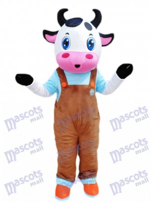 Blue Eyes Cow with Brown Overalls Mascot Costume Cartoon  