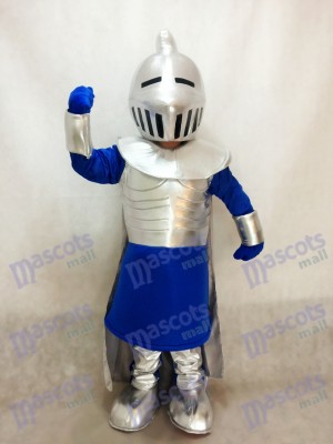 Silver Knight in Blue Mascot Costume People 