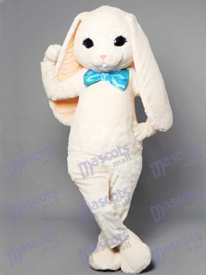 White Bunny Easter Rabbit Hare with Blue Bow Mascot Costume Animal 