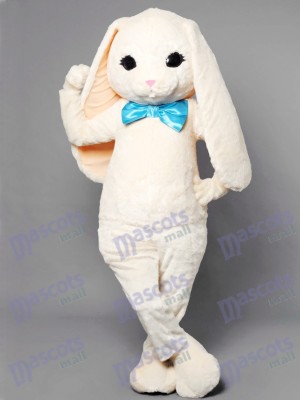 White Bunny Easter Rabbit Hare with Blue Bow Mascot Costume