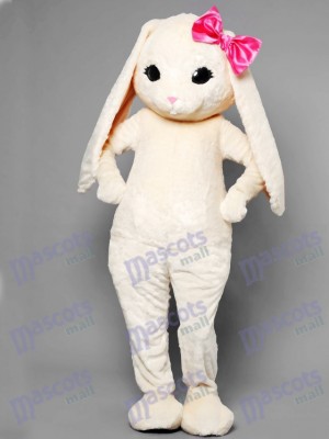 White Bunny Easter Rabbit Hare with Pink Bow Mascot Costume Animal 