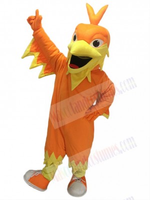 Orange Phoenix Mascot with Pointy head, Wings, Tail and Tennis Shoes