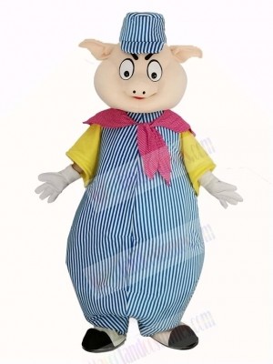 Pig in Blue and White Stripe Suit Mascot Costume