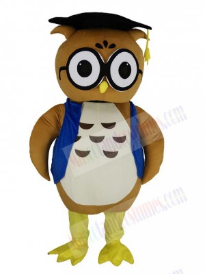 Brown Doctor Owl in Blue Vest Mascot Costume Animal