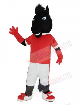 Black Horse in Red Jersey Mascot Costume Animal