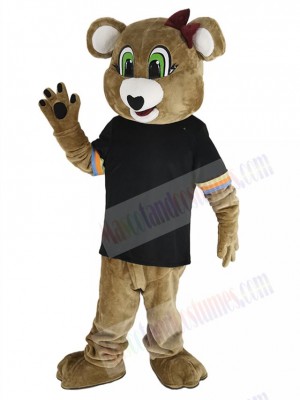 Brown Female Bear Mascot Costume Animal in Black T-shirt