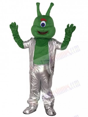 Green Alien in Silver Suit Mascot Funny Costume