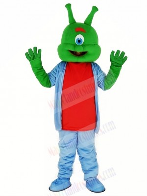 Green Alien with Blue Coat Mascot Costume Cartoon	