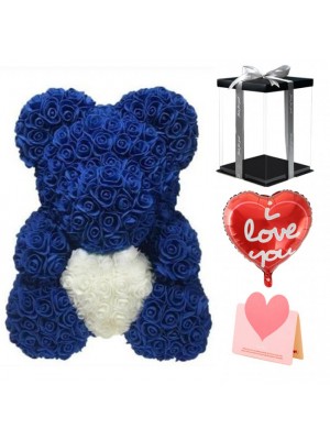 Deep Blue Rose Teddy Bear Flower Bear with White Heart Best Gift for Mother's Day, Valentine's Day, Anniversary, Weddings and Birthday