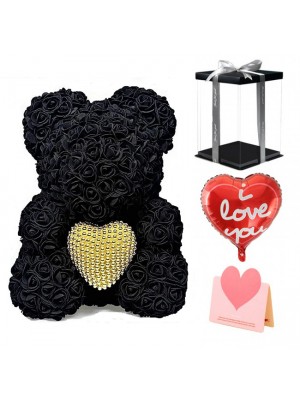 Black Rose Teddy Bear Flower Bear with Pearl Heart Best Gift for Mother's Day, Valentine's Day, Anniversary, Weddings and Birthday
