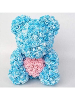 Newstyle Blue Rose Teddy Bear Flower Bear with Pink Heart Beat Gift for Mother's Day, Valentine's Day, Anniversary, Weddings and Birthday
