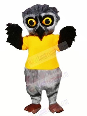 Grey Furry Owl with Yellow T-shirt Mascot Costumes