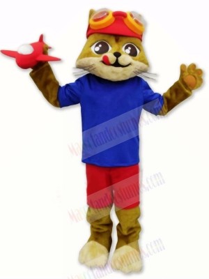 Pilot Cat with Blue T-shirt Mascot Costumes Cartoon