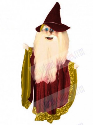 Maroon and Gold Merlin Wizard Mascot Costume Cartoon