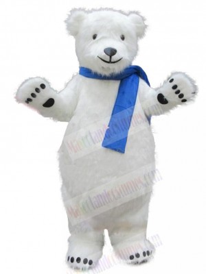 Docile Polar Bear with Blue Scarf Mascot Costume Animal
