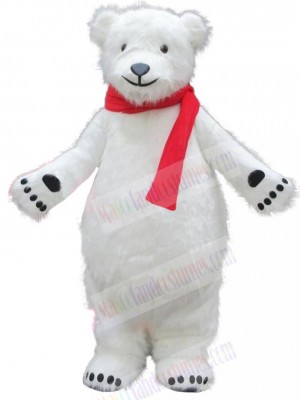 Docile Polar Bear with Red Scarf Mascot Costume Animal