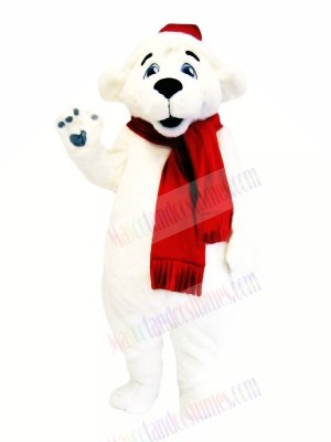 White Bear with Red Scarf Mascot Costumes Cartoon