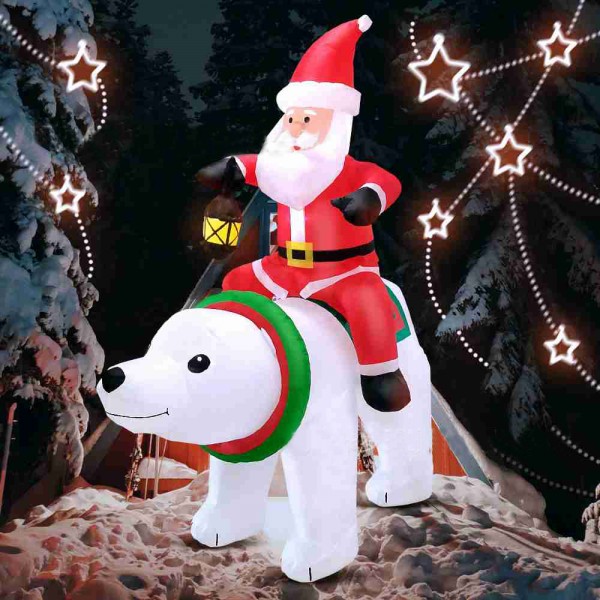 6ft Inflatable Santa Clause Riding Polar Bear with Lantern Light Christmas Holiday Decoration Outdoor Yard Lawn Art Decor