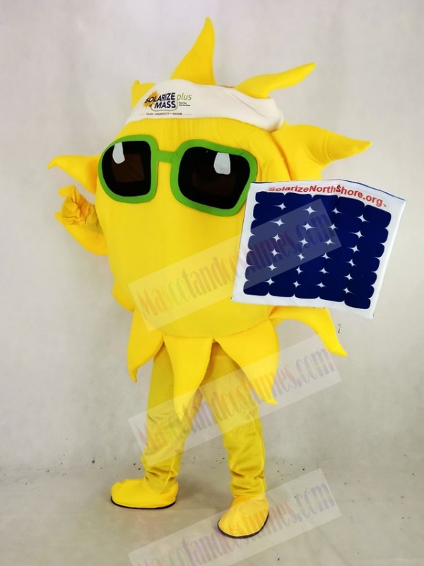 Funny Sun Holding A Solar Panel Mascot Costume