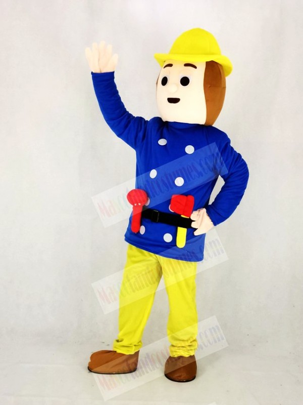 Realistic Fireman Sam In Blue Coat Mascot Costume Cartoon